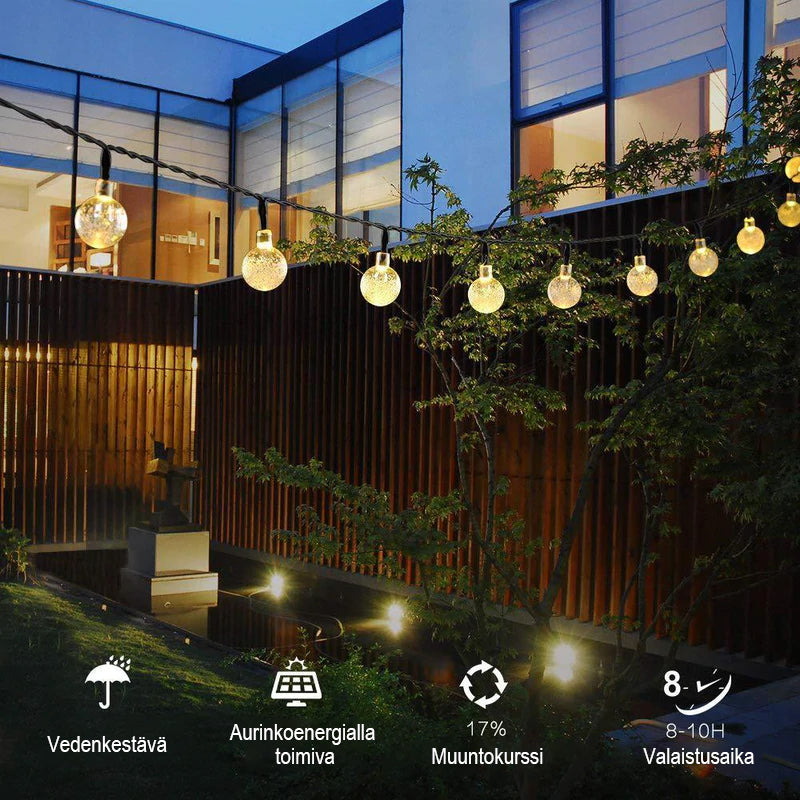 Aurinkoenergialla toimivat kristallipallo-valot puutarhaan, kimaltavat LED-lamput, 8 valomoodia, IP65 vedenkestävät.