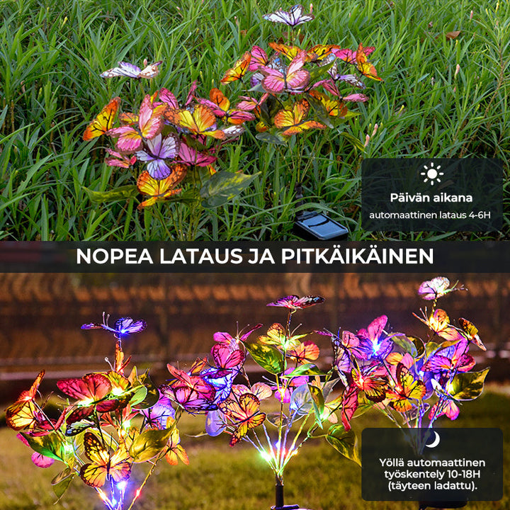 Aurinkoenergialla toimivat perhosvalaisimet puutarhaan, iloisissa väreissä, tuo elinvoimaa ulkotiloihin päivin ja öin.