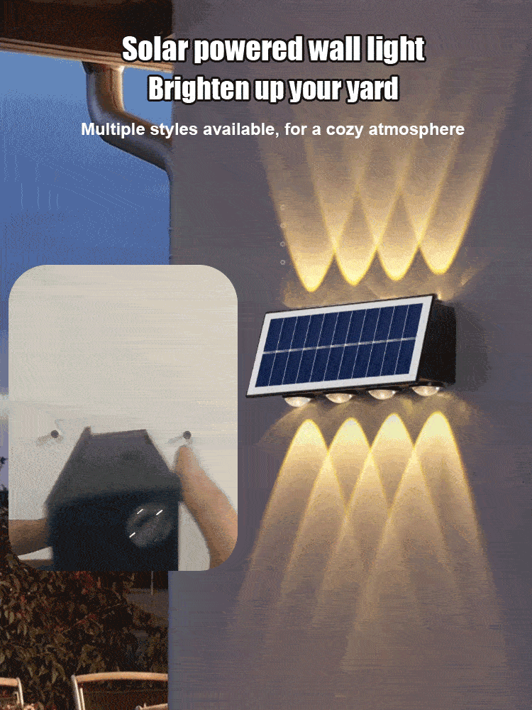 Aurinkokäyttöinen ulkoseinävalo, 4/6 LED, lämmin/keltainen/valkoinen valo, tyylikäs ja ympäristöystävällinen ratkaisu.