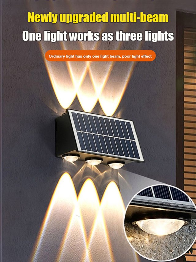 Aurinkokäyttöinen ulkoseinävalo, 4/6 LED, lämmin/keltainen/valkoinen valo, tyylikäs ja ympäristöystävällinen ratkaisu.