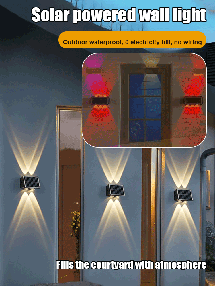 Aurinkokäyttöinen ulkoseinävalo, 4/6 LED, lämmin/keltainen/valkoinen valo, tyylikäs ja ympäristöystävällinen ratkaisu.