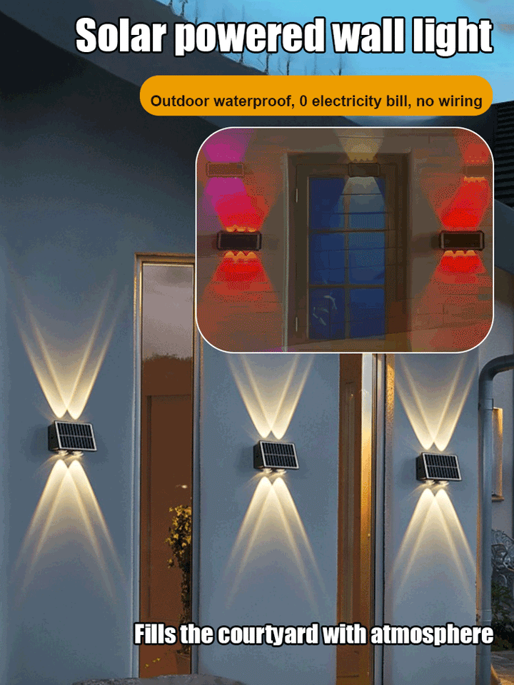 Aurinkokäyttöinen ulkoseinävalo, 4/6 LED, lämmin/keltainen/valkoinen valo, tyylikäs ja ympäristöystävällinen ratkaisu.