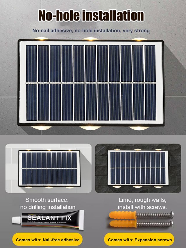 Aurinkokäyttöinen ulkoseinävalo, 4/6 LED, lämmin/keltainen/valkoinen valo, tyylikäs ja ympäristöystävällinen ratkaisu.