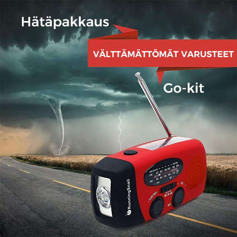 "Aurinkoladattava vedenpitävä hätäradio, LED-taskulamppu, AM/FM/WB-toiminnot, kompaktikokoinen ulkoilmakäyttöön."