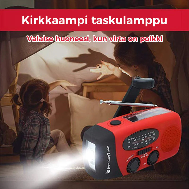 "Aurinkoladattava vedenpitävä hätäradio, LED-taskulamppu, AM/FM/WB-toiminnot, kompaktikokoinen ulkoilmakäyttöön."