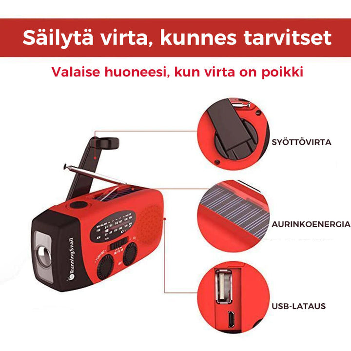 "Aurinkoladattava vedenpitävä hätäradio, LED-taskulamppu, AM/FM/WB-toiminnot, kompaktikokoinen ulkoilmakäyttöön."