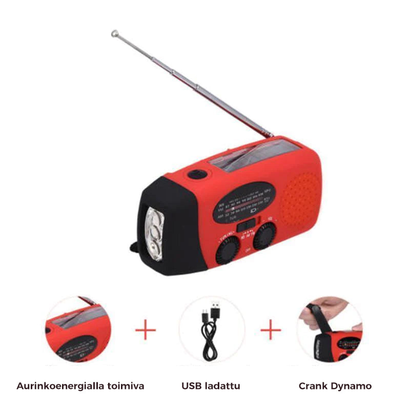 "Aurinkoladattava vedenpitävä hätäradio, LED-taskulamppu, AM/FM/WB-toiminnot, kompaktikokoinen ulkoilmakäyttöön."