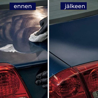 "Autojen naarmunpoistosarja ja sieni, kiillottaa ja palauttaa maalipinnan, parantaa auton kiiltoa ja poistaa naarmut"