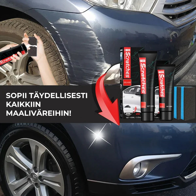 "Autojen naarmunpoistosarja ja sieni, kiillottaa ja palauttaa maalipinnan, parantaa auton kiiltoa ja poistaa naarmut"