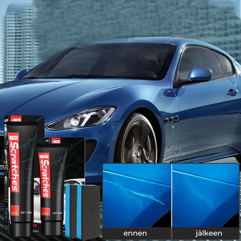 "Autojen naarmunpoistosarja ja sieni, kiillottaa ja palauttaa maalipinnan, parantaa auton kiiltoa ja poistaa naarmut"