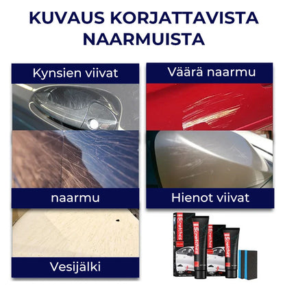 "Autojen naarmunpoistosarja ja sieni, kiillottaa ja palauttaa maalipinnan, parantaa auton kiiltoa ja poistaa naarmut"