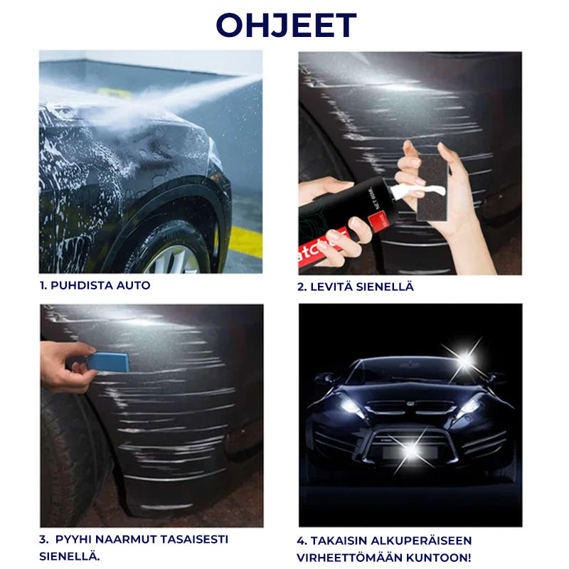 "Autojen naarmunpoistosarja ja sieni, kiillottaa ja palauttaa maalipinnan, parantaa auton kiiltoa ja poistaa naarmut"
