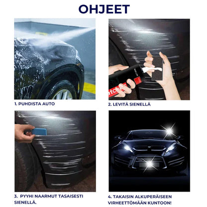 "Autojen naarmunpoistosarja ja sieni, kiillottaa ja palauttaa maalipinnan, parantaa auton kiiltoa ja poistaa naarmut"