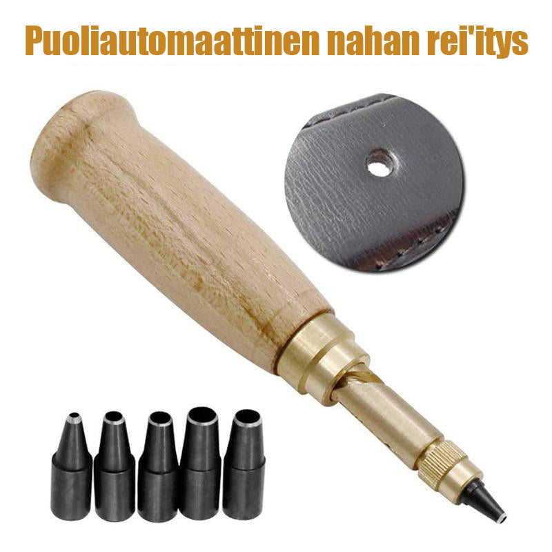 "Automaattinen reikäpistooli puukahvalla, kestävä, monikokoinen, sopii nahkatöihin ja paperille, käsityötyökalut."