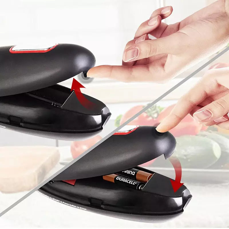 Automaattinen ruostumaton teräspurkkiavaaja käytössä, musta ergonominen kahva, helppokäyttöinen keittiöväline.