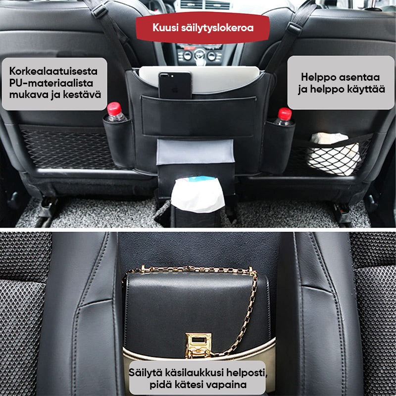 "Automiehen säilytystasku autoon, mustaa nahkajäljitelmää, helppo pääsy, sopii useimpiin autoihin, järjestäjä ja este."