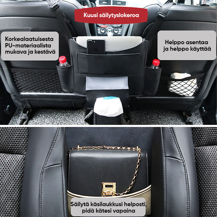 "Automiehen säilytystasku autoon, mustaa nahkajäljitelmää, helppo pääsy, sopii useimpiin autoihin, järjestäjä ja este."