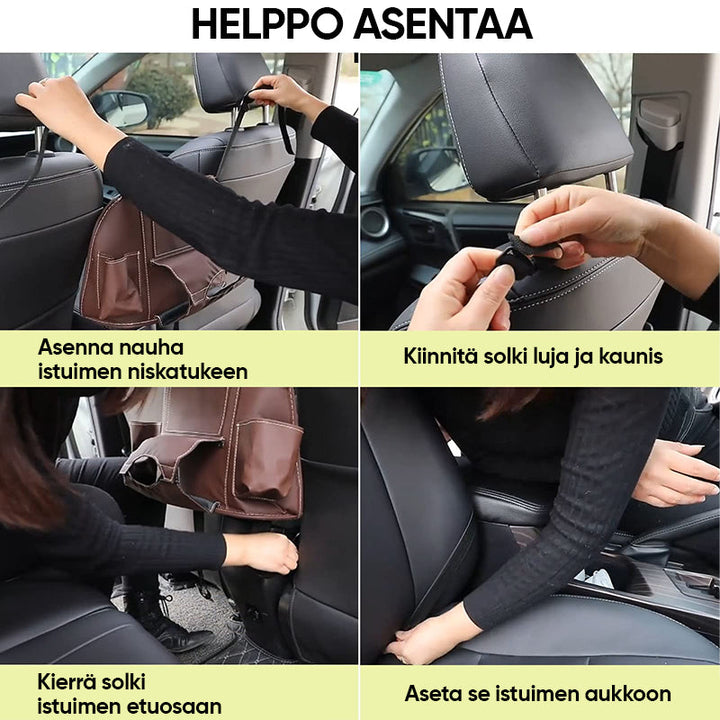 "Automiehen säilytystasku autoon, mustaa nahkajäljitelmää, helppo pääsy, sopii useimpiin autoihin, järjestäjä ja este."