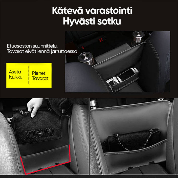 "Automiehen säilytystasku autoon, mustaa nahkajäljitelmää, helppo pääsy, sopii useimpiin autoihin, järjestäjä ja este."