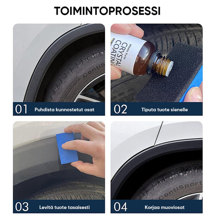 "Auton muoviosien kristallipinnoiteaine: kirkas neste pullossa, valkoinen sieni vieressä, kiiltävä auto taustalla."