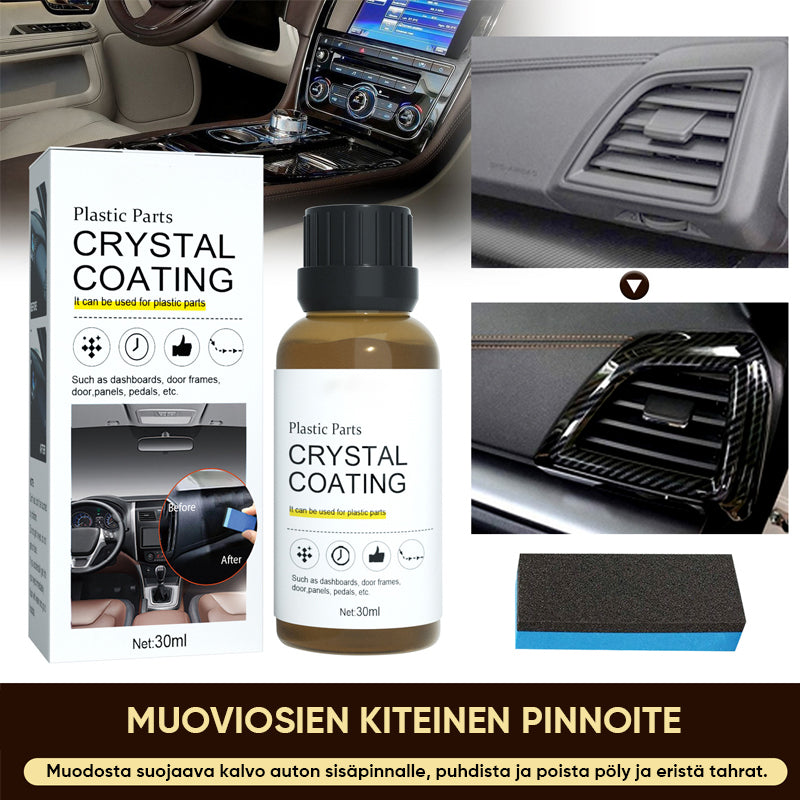 "Auton muoviosien kristallipinnoiteaine: kirkas neste pullossa, valkoinen sieni vieressä, kiiltävä auto taustalla."