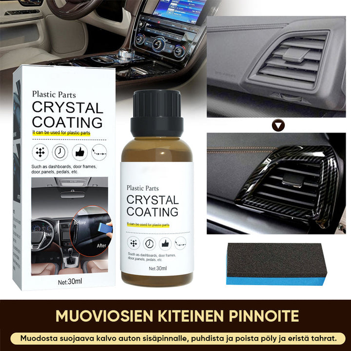 "Auton muoviosien kristallipinnoiteaine: kirkas neste pullossa, valkoinen sieni vieressä, kiiltävä auto taustalla."