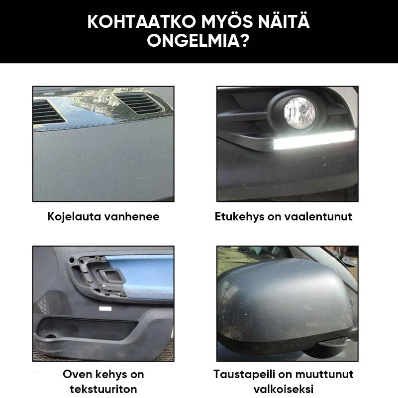 "Auton muoviosien kristallipinnoiteaine: kirkas neste pullossa, valkoinen sieni vieressä, kiiltävä auto taustalla."