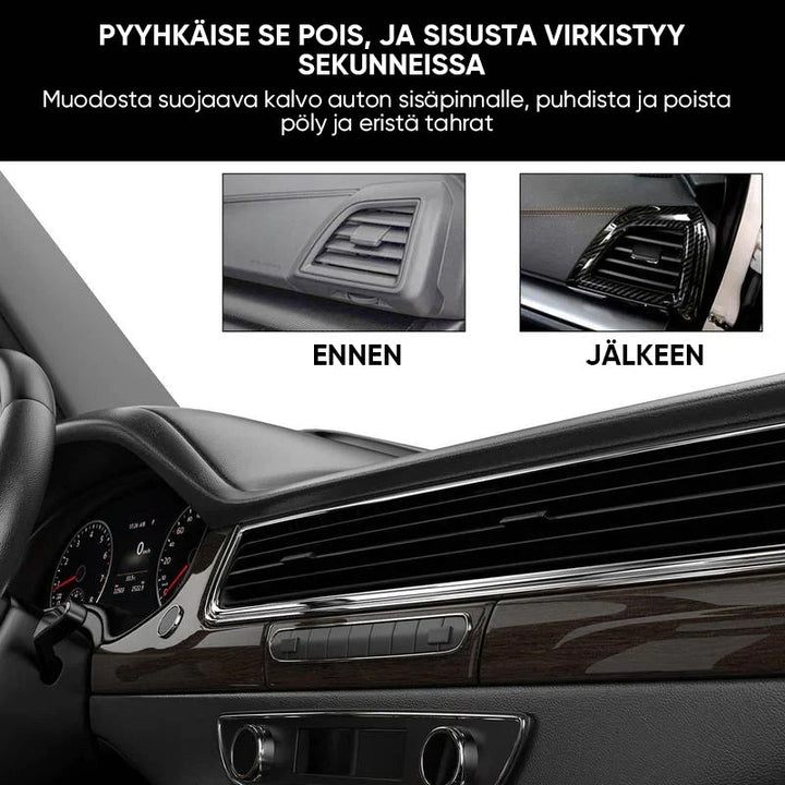 "Auton muoviosien kristallipinnoiteaine: kirkas neste pullossa, valkoinen sieni vieressä, kiiltävä auto taustalla."