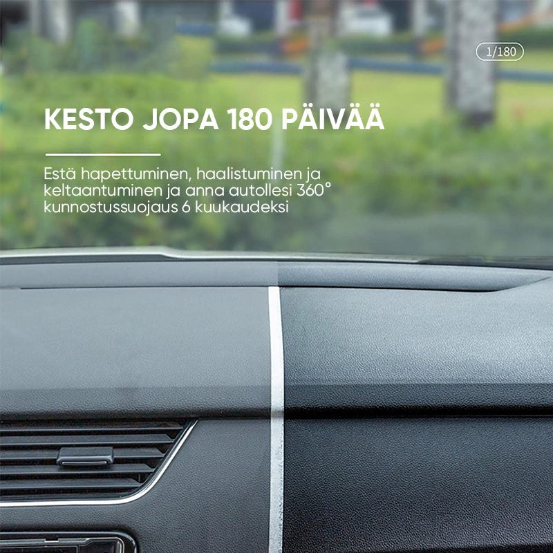 "Auton muoviosien kristallipinnoiteaine: kirkas neste pullossa, valkoinen sieni vieressä, kiiltävä auto taustalla."