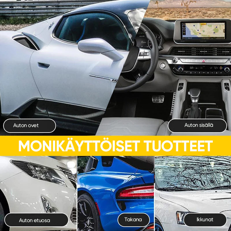 Auton muovipinnoiteaine suojaa ja kirkastaa muoviosia estäen haalistumisen, kuvassa tuote levitettynä auton osalle.