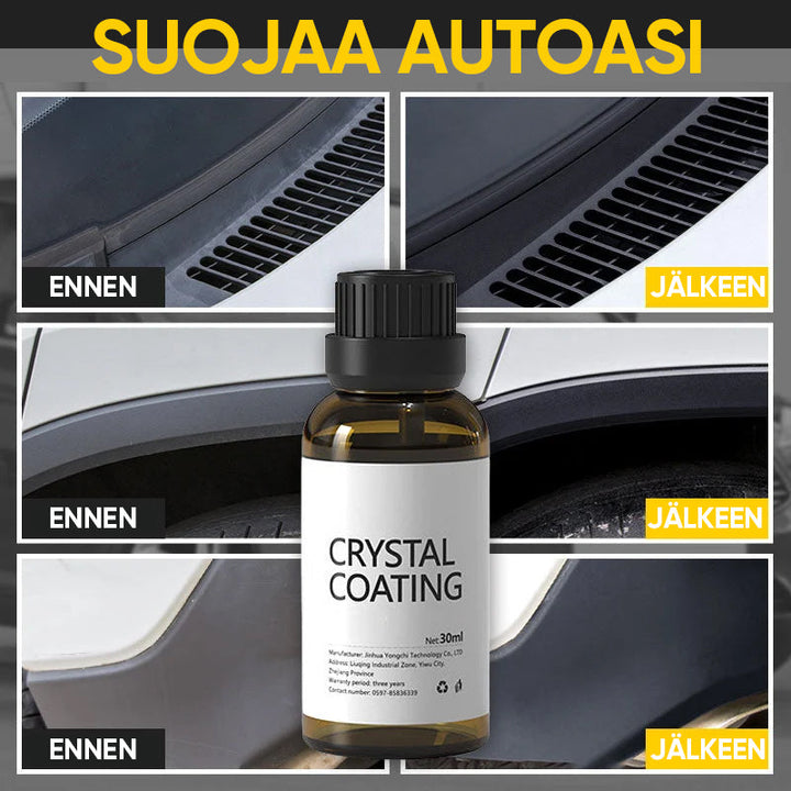 Auton muovipinnoiteaine suojaa ja kirkastaa muoviosia estäen haalistumisen, kuvassa tuote levitettynä auton osalle.