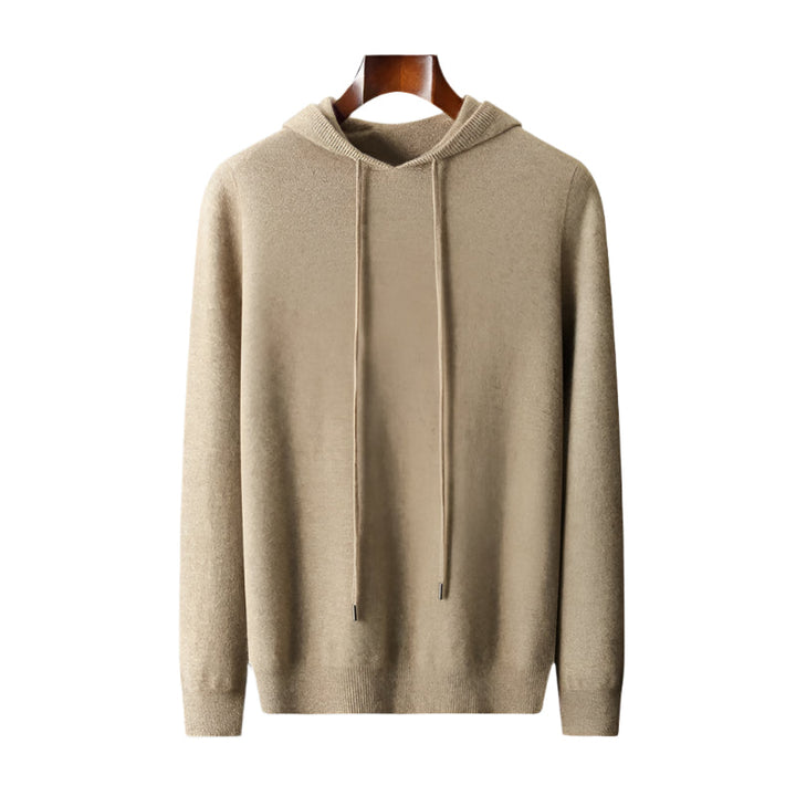 Beige miesten huppari, jossa säädettävä huppu ja rennot ribbireunat, ihanteellinen viileisiin päiviin.