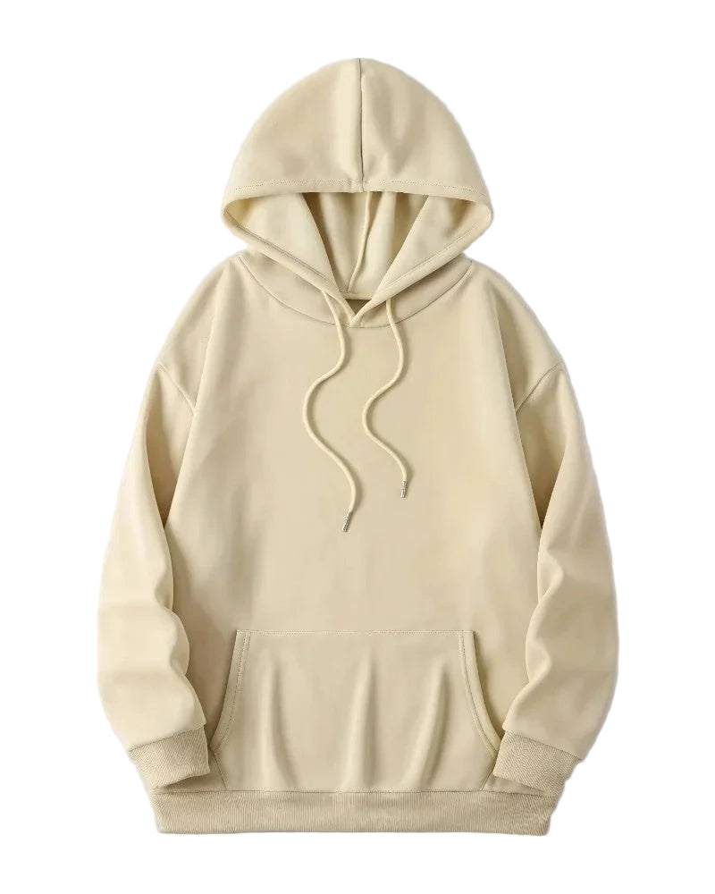 Beige dame afslappet hættetrøje, blødt materiale og faldende skuldre, alsidig stil til byen og hjemmet.