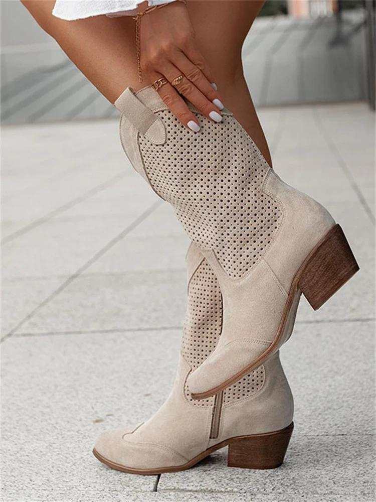 Khaki åndbare dame cowboy støvler, kunstlæder, set forfra, klassisk og moderne stil.