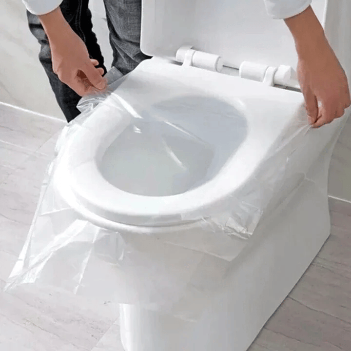 "Biohajoava kertakäyttöinen WC-istuinsuoja, 50 kpl. Valkoinen ja ympäristöystävällinen pakkaus."
