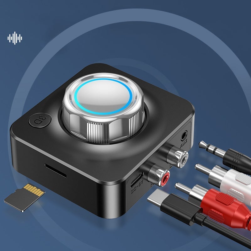 Bluetooth 5.0 RCA lydmodtager sort: trådløs, kompakt design, RCA- og AUX-indgange. Klar lydkvalitet.