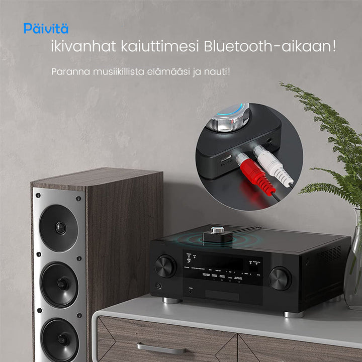 Bluetooth 5.0 RCA lydmodtager sort: trådløs, kompakt design, RCA- og AUX-indgange. Klar lydkvalitet.