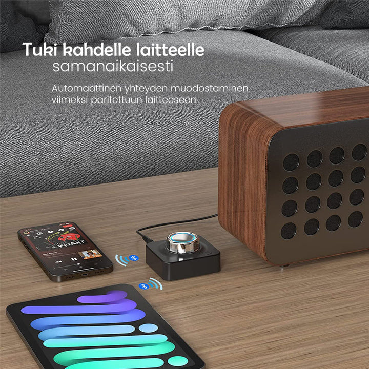 Bluetooth 5.0 RCA lydmodtager sort: trådløs, kompakt design, RCA- og AUX-indgange. Klar lydkvalitet.
