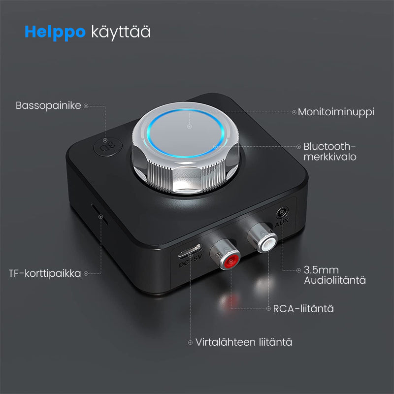 Bluetooth 5.0 RCA lydmodtager sort: trådløs, kompakt design, RCA- og AUX-indgange. Klar lydkvalitet.