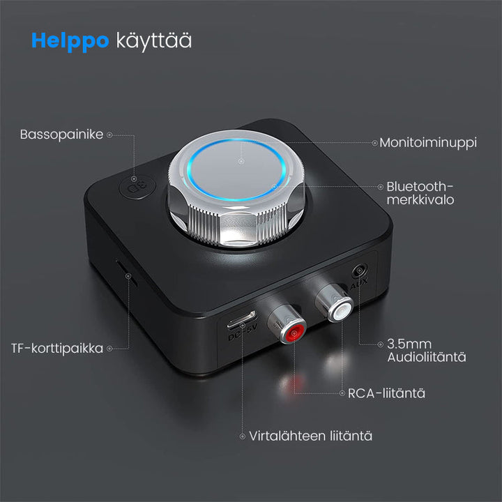Bluetooth 5.0 RCA lydmodtager sort: trådløs, kompakt design, RCA- og AUX-indgange. Klar lydkvalitet.