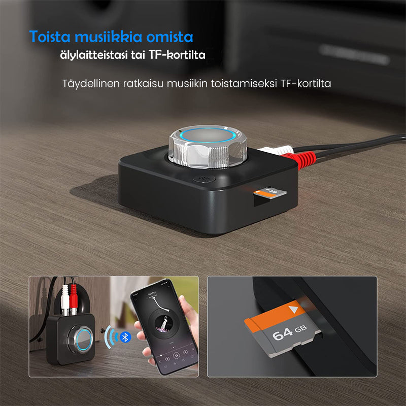 Bluetooth 5.0 RCA lydmodtager sort: trådløs, kompakt design, RCA- og AUX-indgange. Klar lydkvalitet.