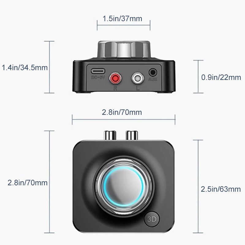 Bluetooth 5.0 RCA lydmodtager sort: trådløs, kompakt design, RCA- og AUX-indgange. Klar lydkvalitet.