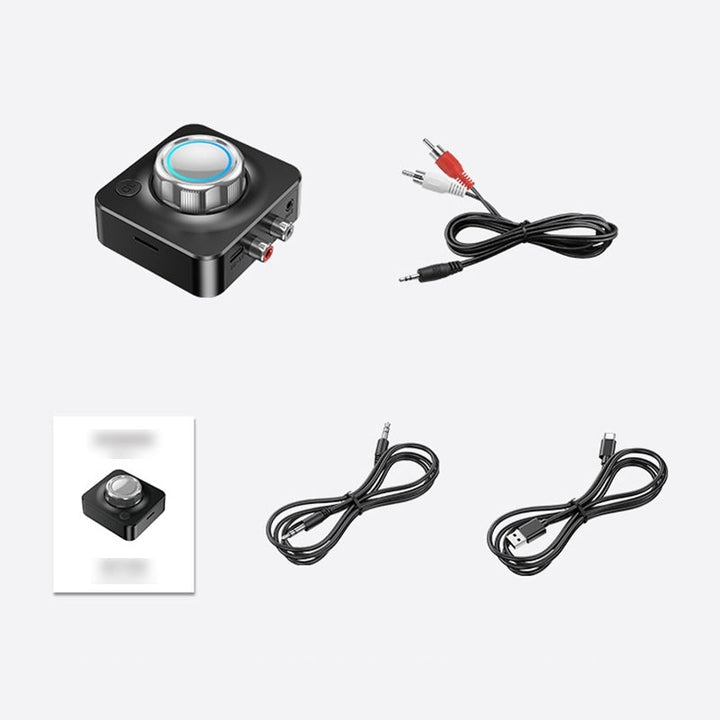 Bluetooth 5.0 RCA lydmodtager sort: trådløs, kompakt design, RCA- og AUX-indgange. Klar lydkvalitet.