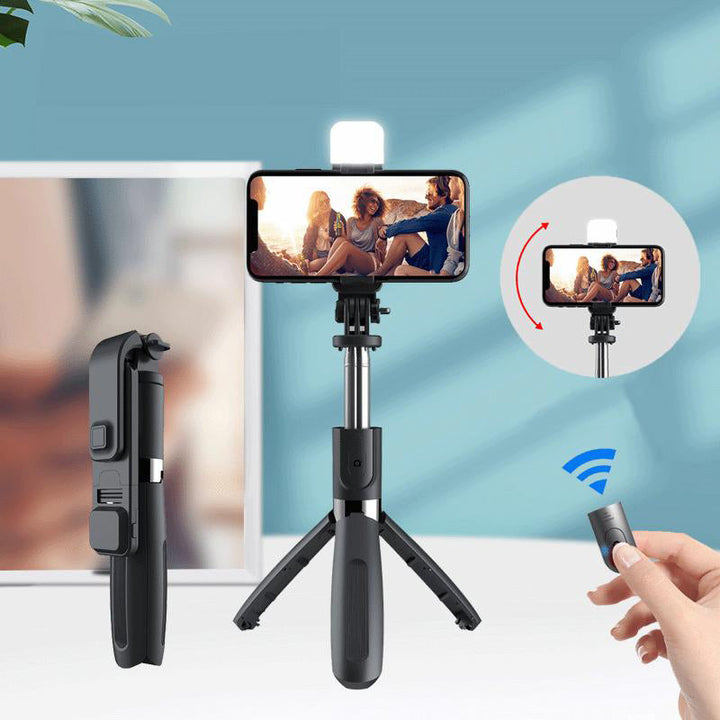 Bluetooth selfie stick stativ med treben, sort/hvid; letvægt, foldbar; perfekt fototilbehør.