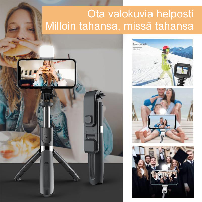 Bluetooth selfie stick stativ med treben, sort/hvid; letvægt, foldbar; perfekt fototilbehør.