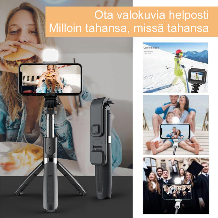 Bluetooth selfie stick stativ med treben, sort/hvid; letvægt, foldbar; perfekt fototilbehør.