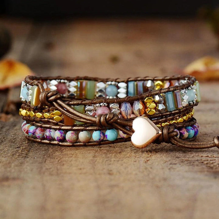 Dame boho-inspireret wrap armbånd, Imperial Jasper og krystal, gyldent hjerte lås, unikke farver.
