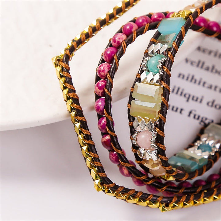 Dame boho-inspireret wrap armbånd, Imperial Jasper og krystal, gyldent hjerte lås, unikke farver.