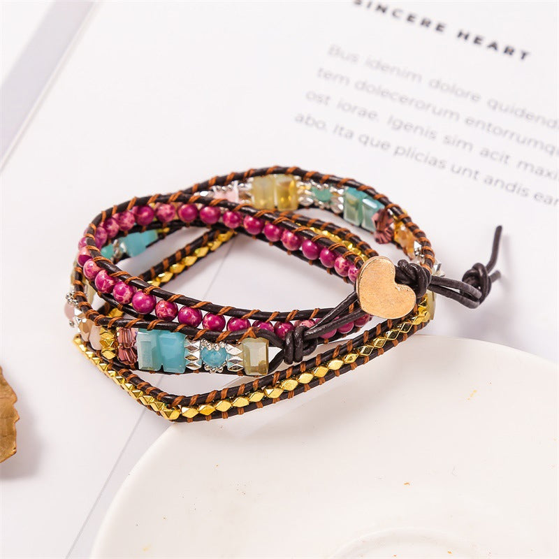 Dame boho-inspireret wrap armbånd, Imperial Jasper og krystal, gyldent hjerte lås, unikke farver.