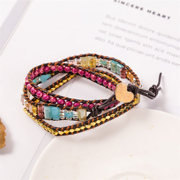 Dame boho-inspireret wrap armbånd, Imperial Jasper og krystal, gyldent hjerte lås, unikke farver.